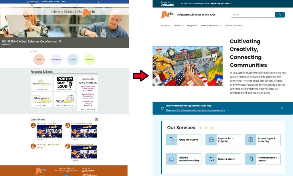 Screenshots showing the old Arts website next to the new one.
