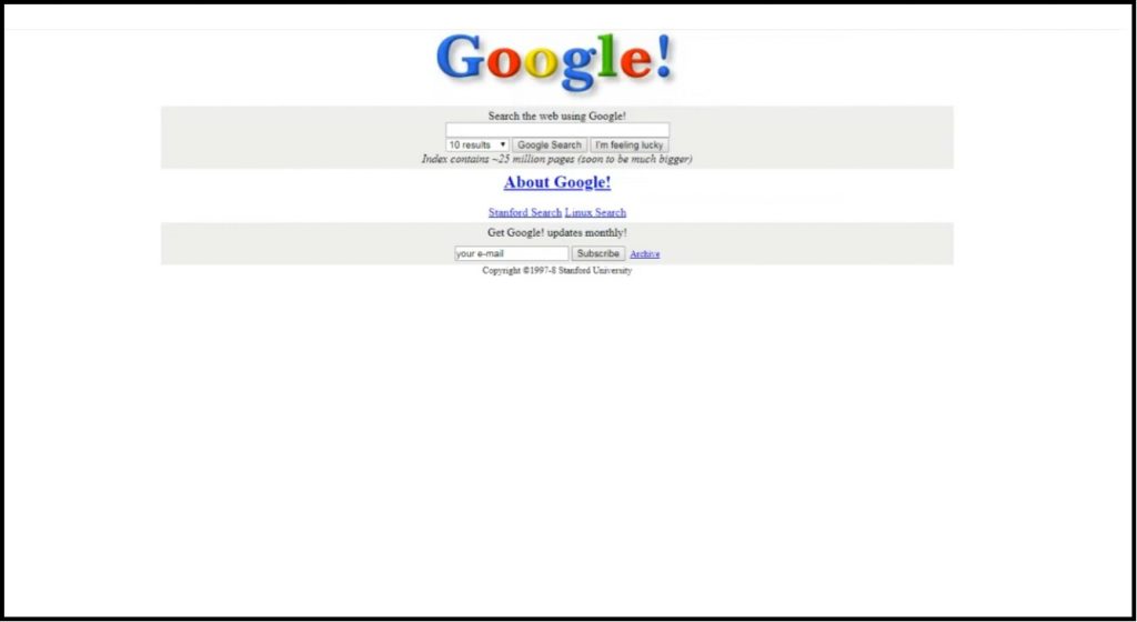 Screenshot of Google's homepage from 1998.