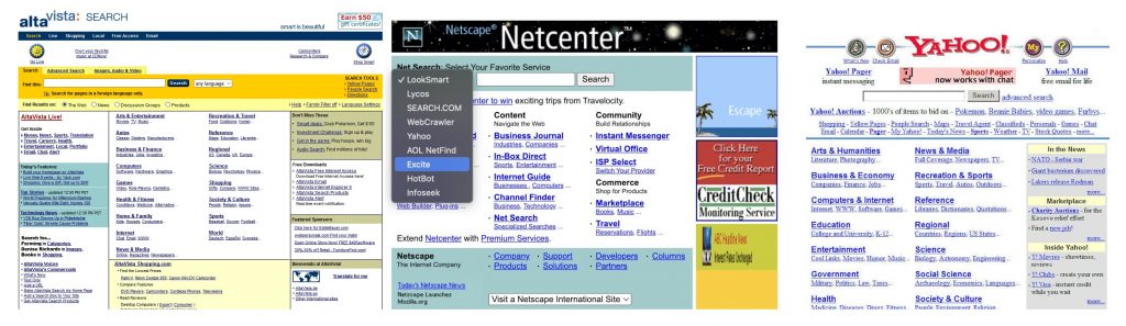 Screenshots of search engine websites from 1998, all cluttered with lots of text and color.
