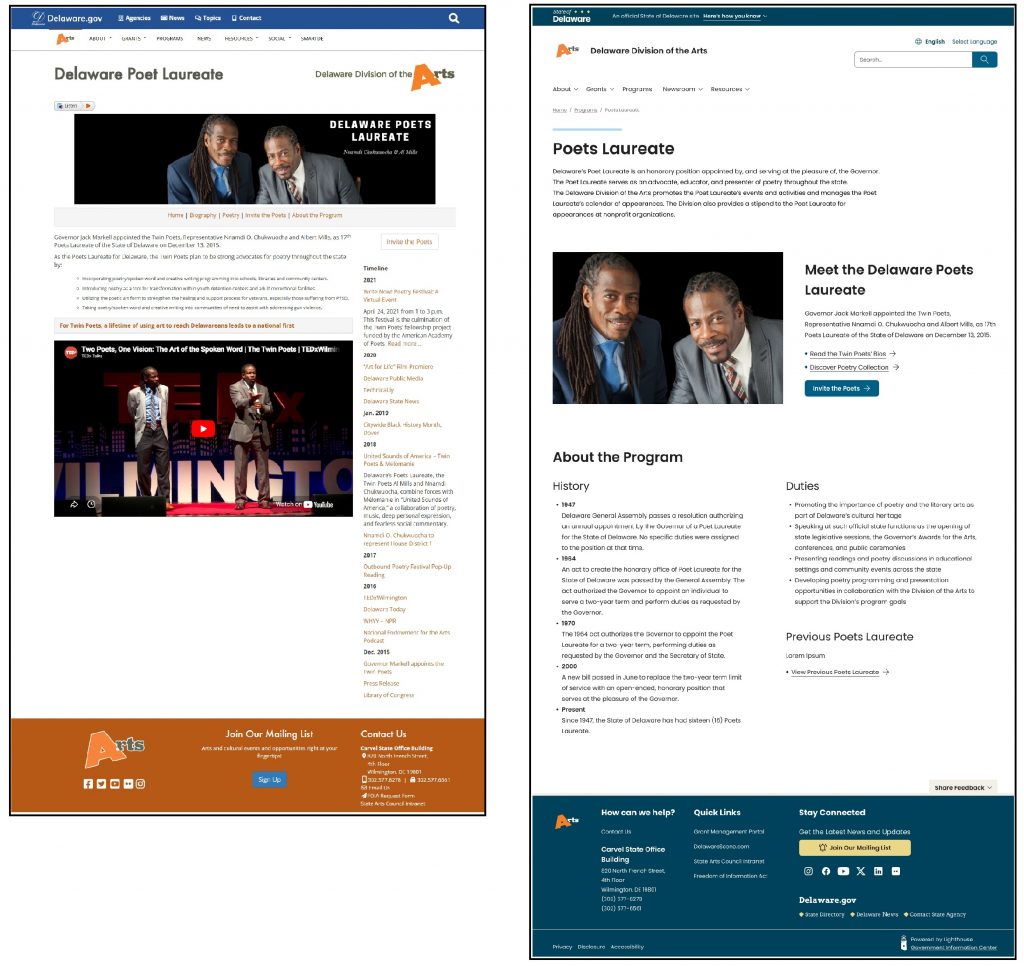 Side by side screenshots of the current Division of Arts website and a pending updated version featuring more white space.