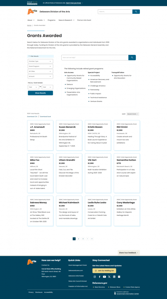 Screenshot of the new Arts Awards recipients page.