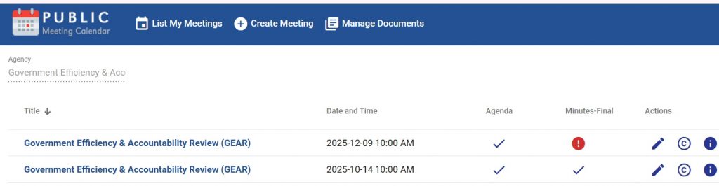 Screenshot of the new Public Meeting Calendar dashboard.