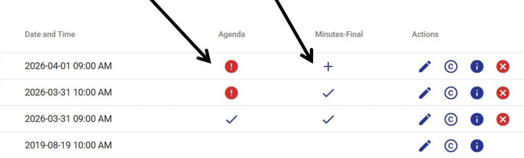 Screenshot of PMC list, with arrows pointing out the Agenda and Minutes columns.