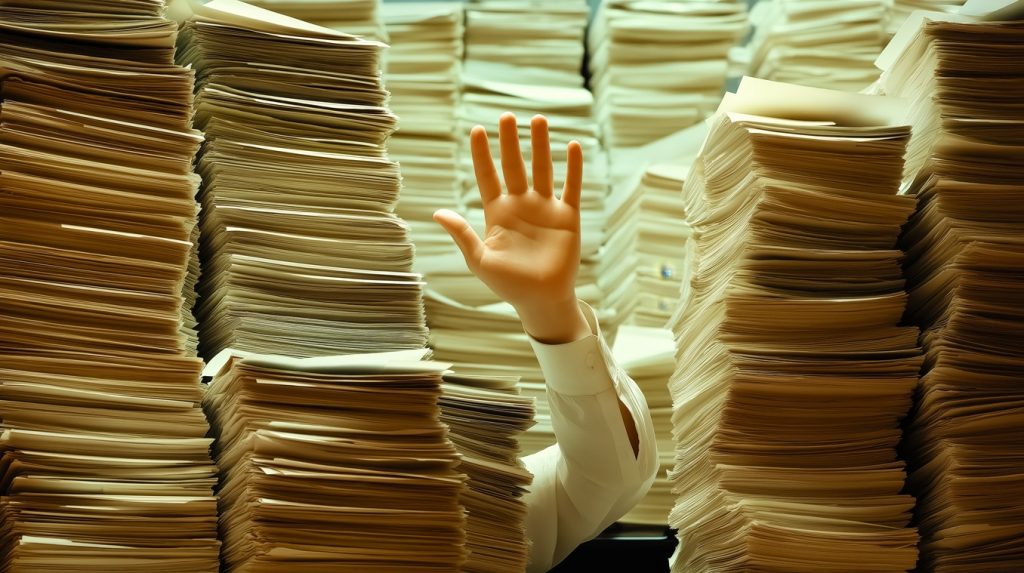 Office worker raising hand behind huge stacks of paper, bureaucracy or taxes concept