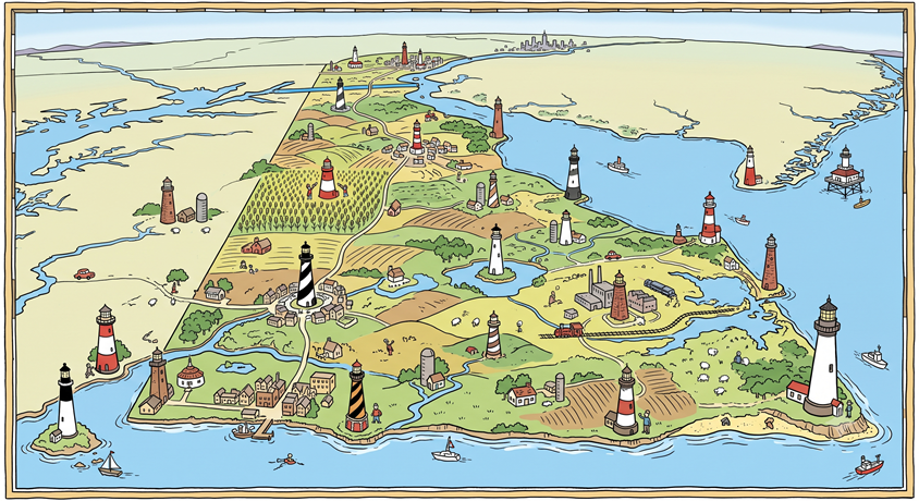 Cartoon map of Delaware, showing lighthouses scattered across the state to represent different agencies using the Lighthouse Design System.