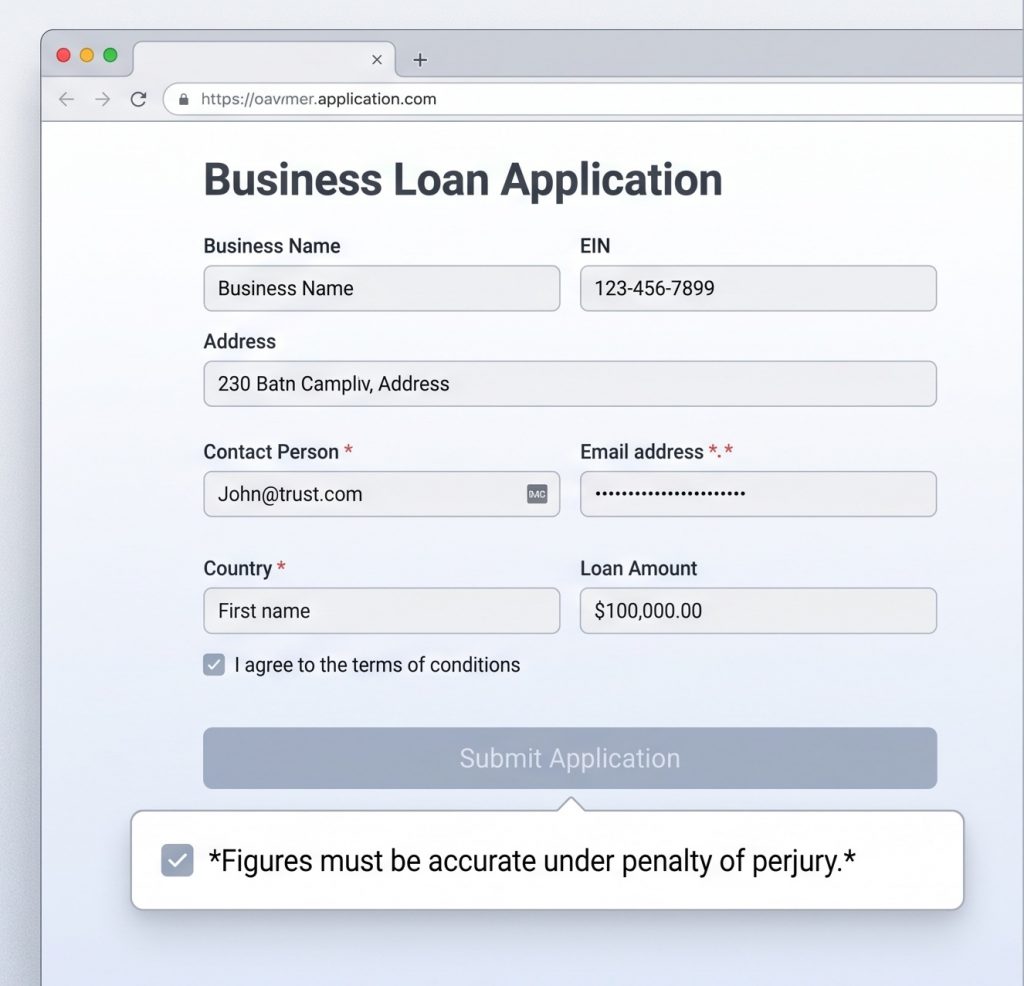 Screenshot of a form displaying a disclaimer about penalties for false information.
