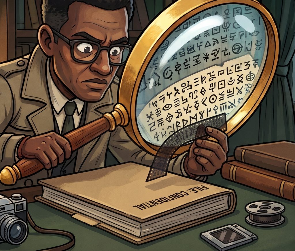 Cartoon of a spy using a magnifying glass to read a secret message.