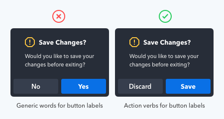 Comparison showing buttons with generic Yes-No language versus active Save-Discard language.