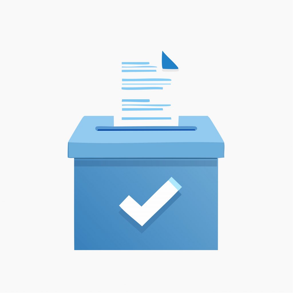 Cartoon of a form in a box with a check mark on it.