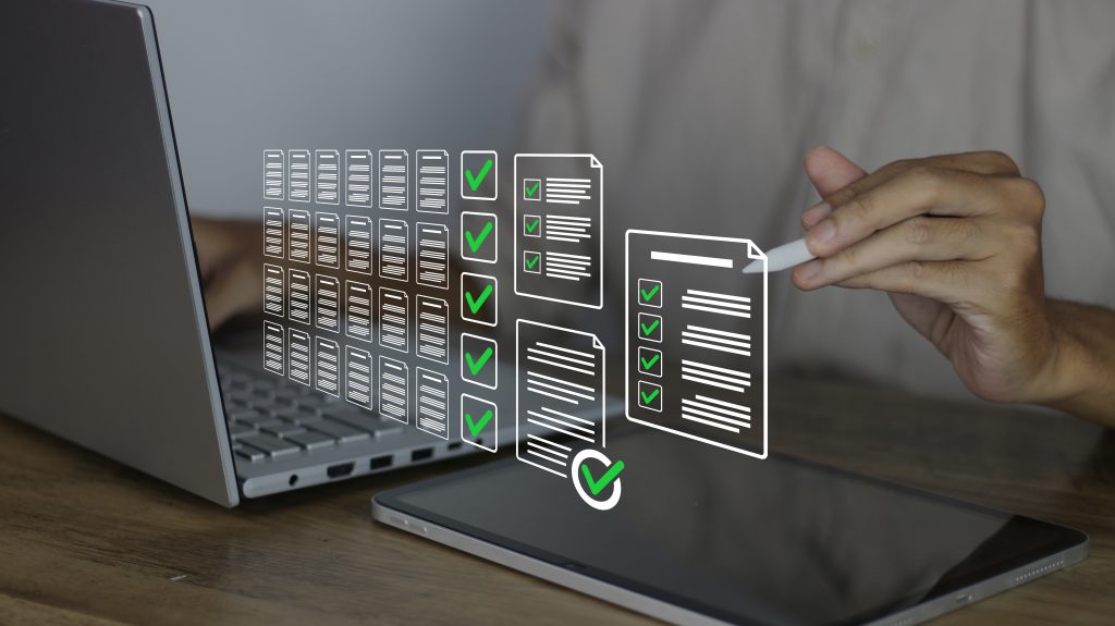 A hand checking virtual boxes on a virtual form.