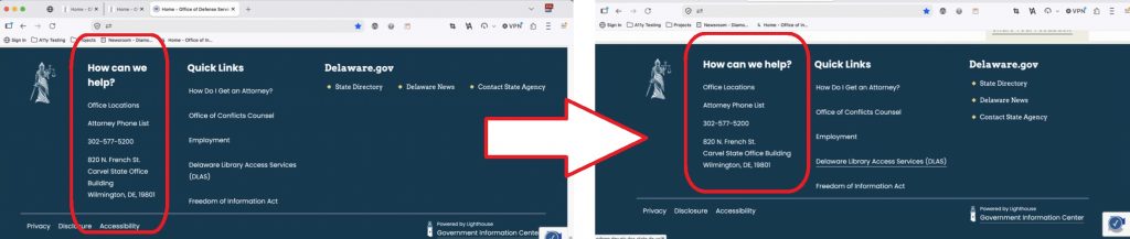 Before and after screenshot showing improvement to footer columns.