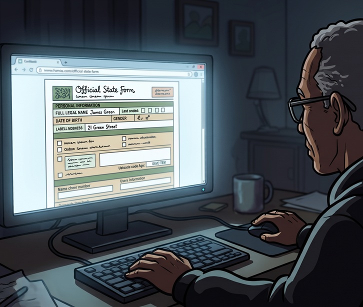 A man looking at a computer with a state form on it.