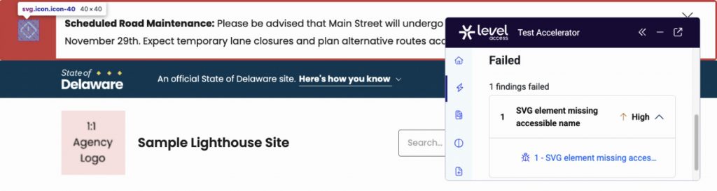 Screenshot showing an alert icon being flagged for accessibility.