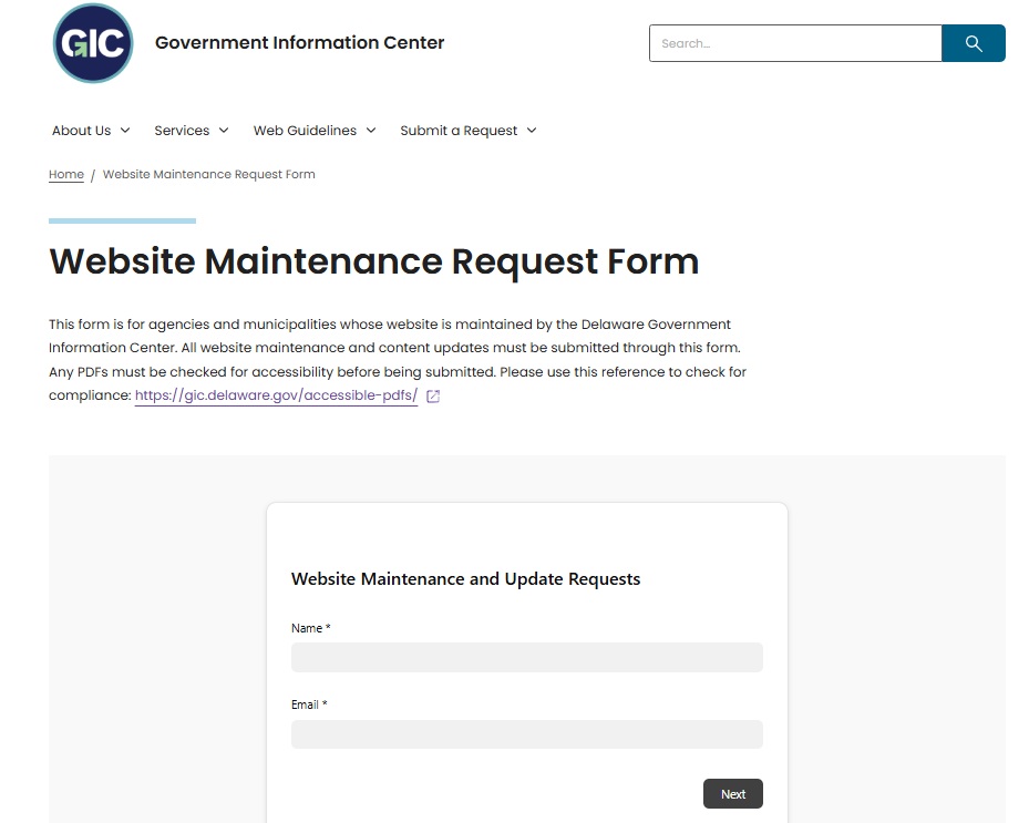 Screenshot of the GIC Website Maintenance Request Form.